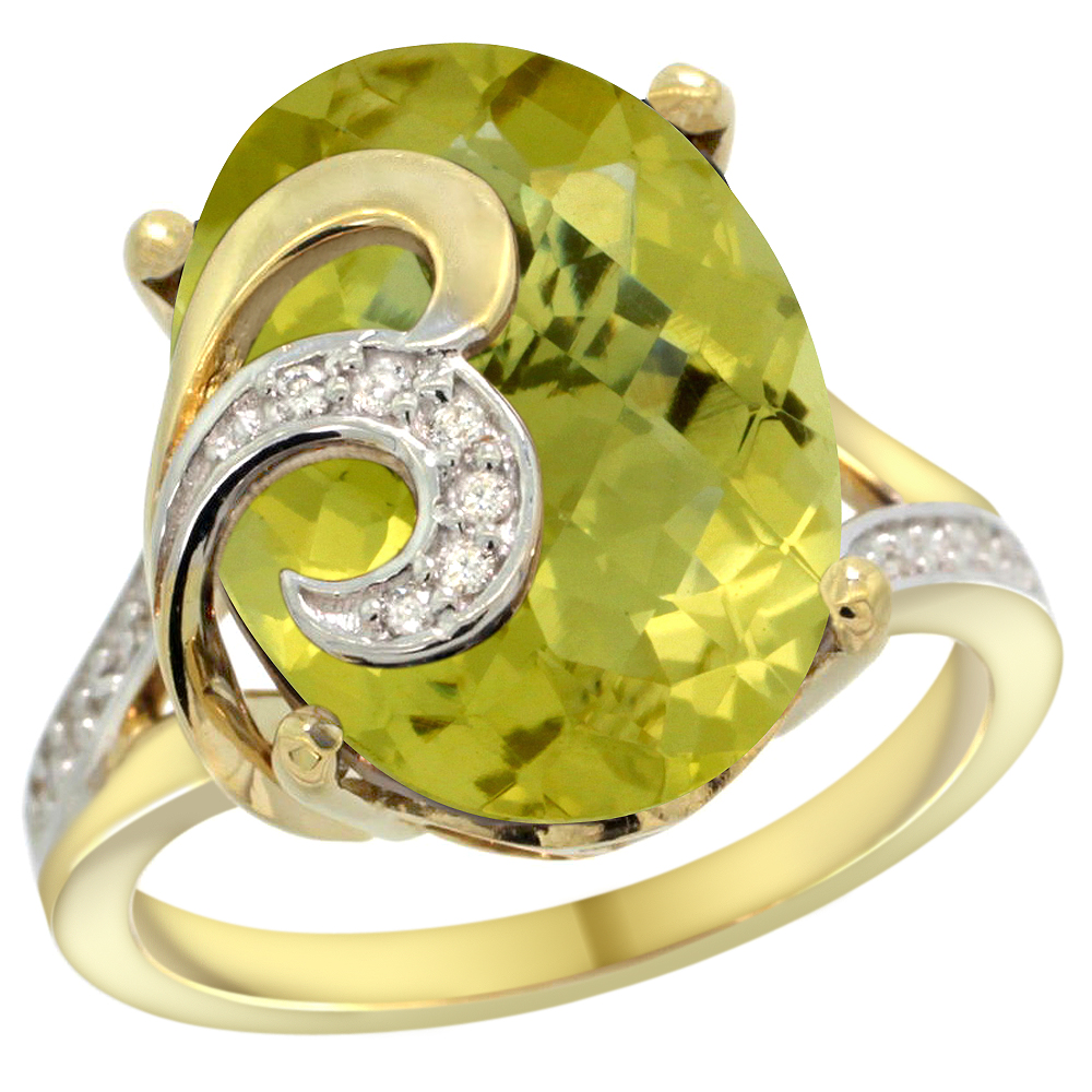 14K YELLOW GOLD NATURAL LEMON QUARTZ RING 16X12 MM OVAL SHAPE DIAMOND ACCENT, 5/8 INCH WIDE