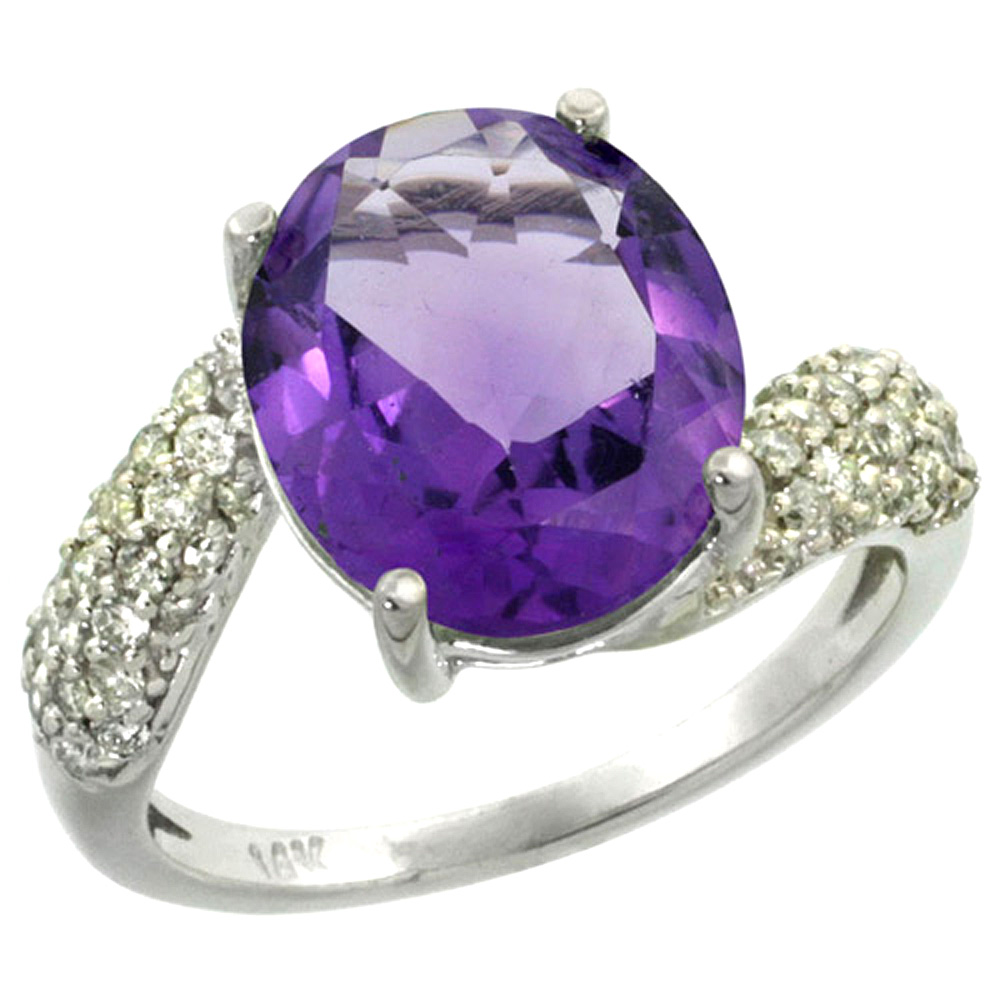 14K WHITE GOLD NATURAL AMETHYST RING OVAL 12X10MM DIAMOND HALO, 1/2INCH WIDE, SIZES 5 - 10