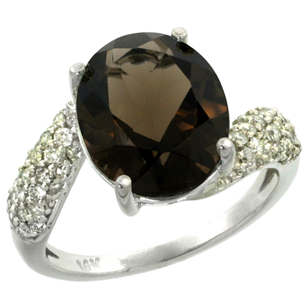 14K WHITE GOLD NATURAL SMOKY TOPAZ RING OVAL 12X10MM DIAMOND HALO, 1/2INCH WIDE, SIZES 5 - 10