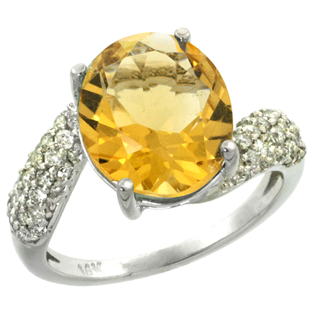 14K WHITE GOLD NATURAL CITRINE RING OVAL 12X10MM DIAMOND HALO, 1/2INCH WIDE, SIZES 5 - 10