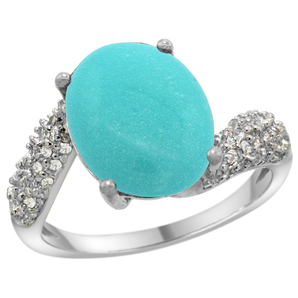 14K WHITE GOLD NATURAL TURQUOISE RING OVAL 12X10MM DIAMOND HALO, 1/2INCH WIDE, SIZES 5 - 10
