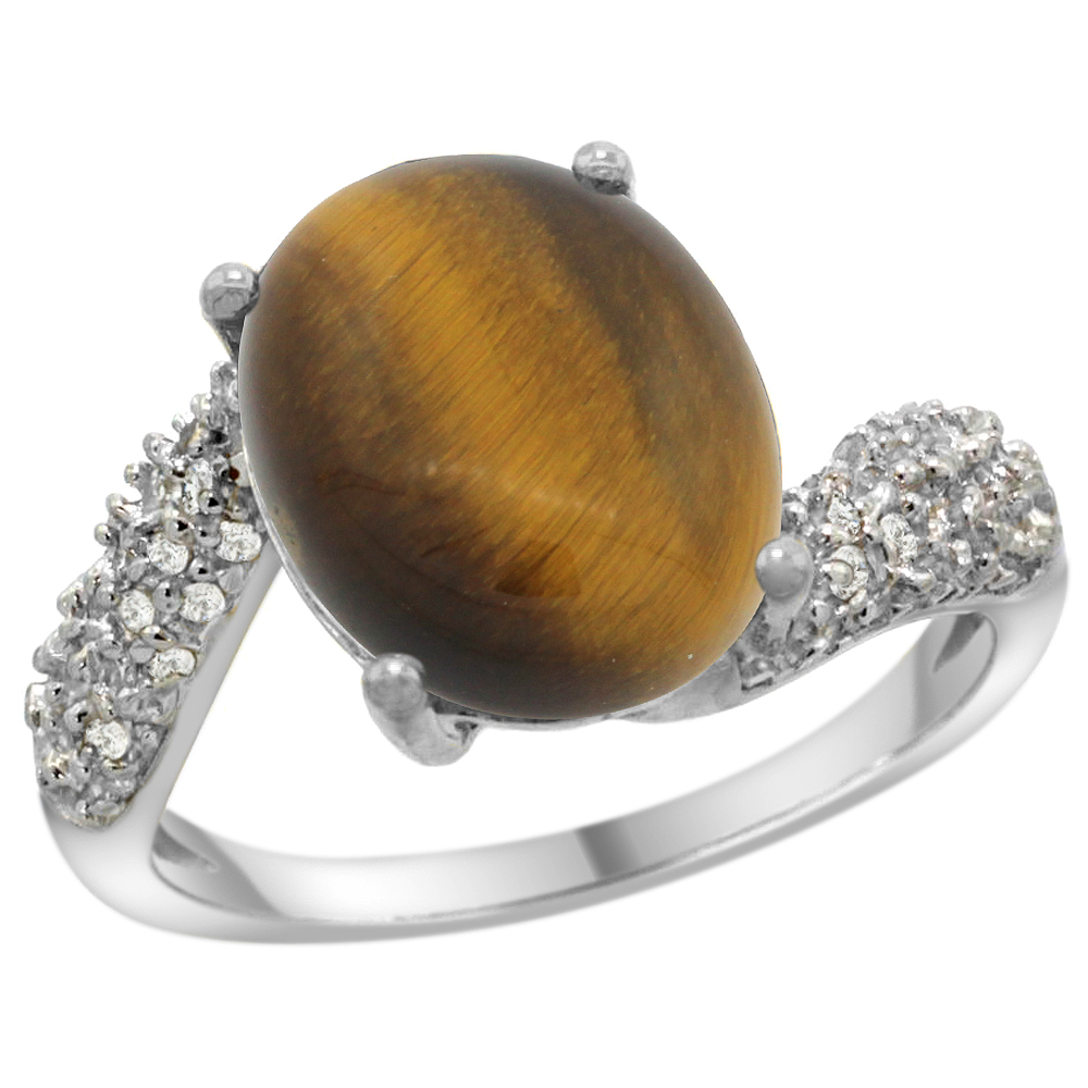 14K WHITE GOLD NATURAL TIGER EYE RING OVAL 12X10MM DIAMOND HALO, 1/2INCH WIDE, SIZES 5 - 10