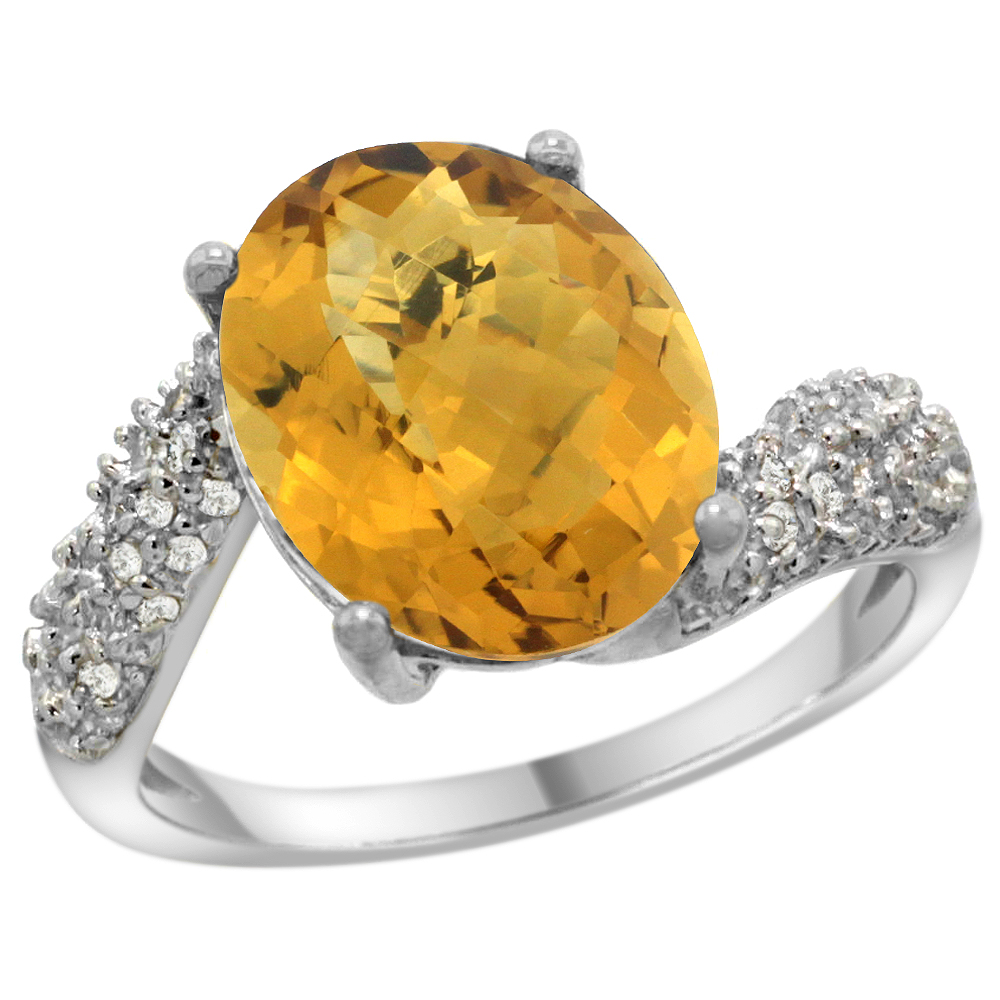 14K WHITE GOLD NATURAL WHISKY QUARTZ RING OVAL 12X10MM DIAMOND HALO, 1/2INCH WIDE, SIZES 5 - 10