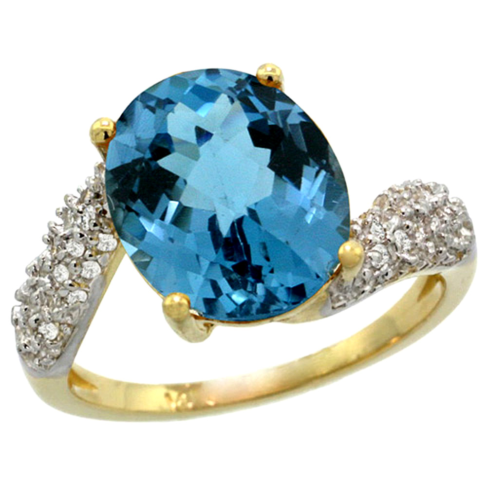 14K YELLOW GOLD NATURAL LONDON BLUE TOPAZ RING OVAL 12X10MM DIAMOND HALO, 1/2INCH WIDE, SIZES 5 - 10