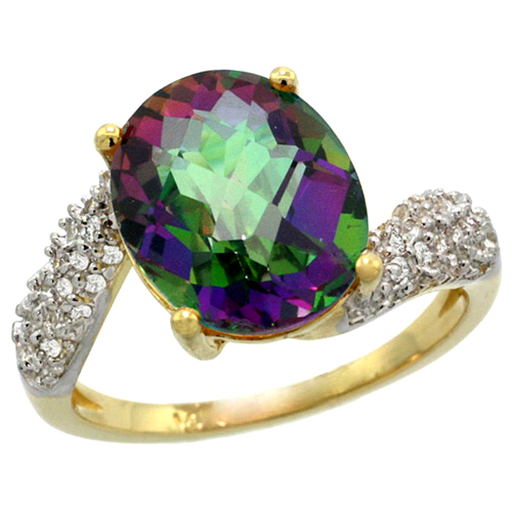 14K YELLOW GOLD NATURAL MYSTIC TOPAZ RING OVAL 12X10MM DIAMOND HALO, 1/2INCH WIDE, SIZES 5 - 10