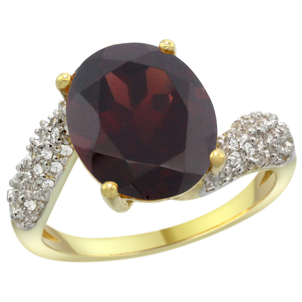 14K YELLOW GOLD NATURAL GARNET RING OVAL 12X10MM DIAMOND HALO, 1/2INCH WIDE, SIZES 5 - 10