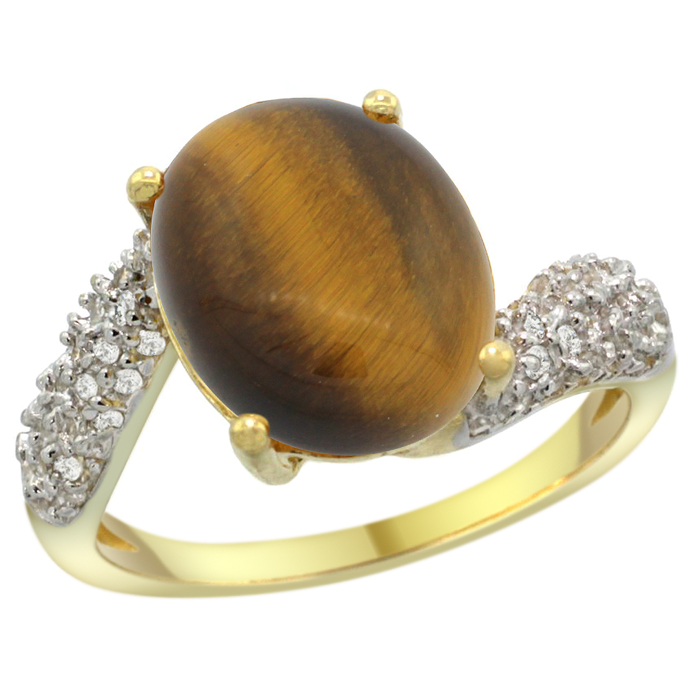 14K YELLOW GOLD NATURAL TIGER EYE RING OVAL 12X10MM DIAMOND HALO, 1/2INCH WIDE, SIZES 5 - 10
