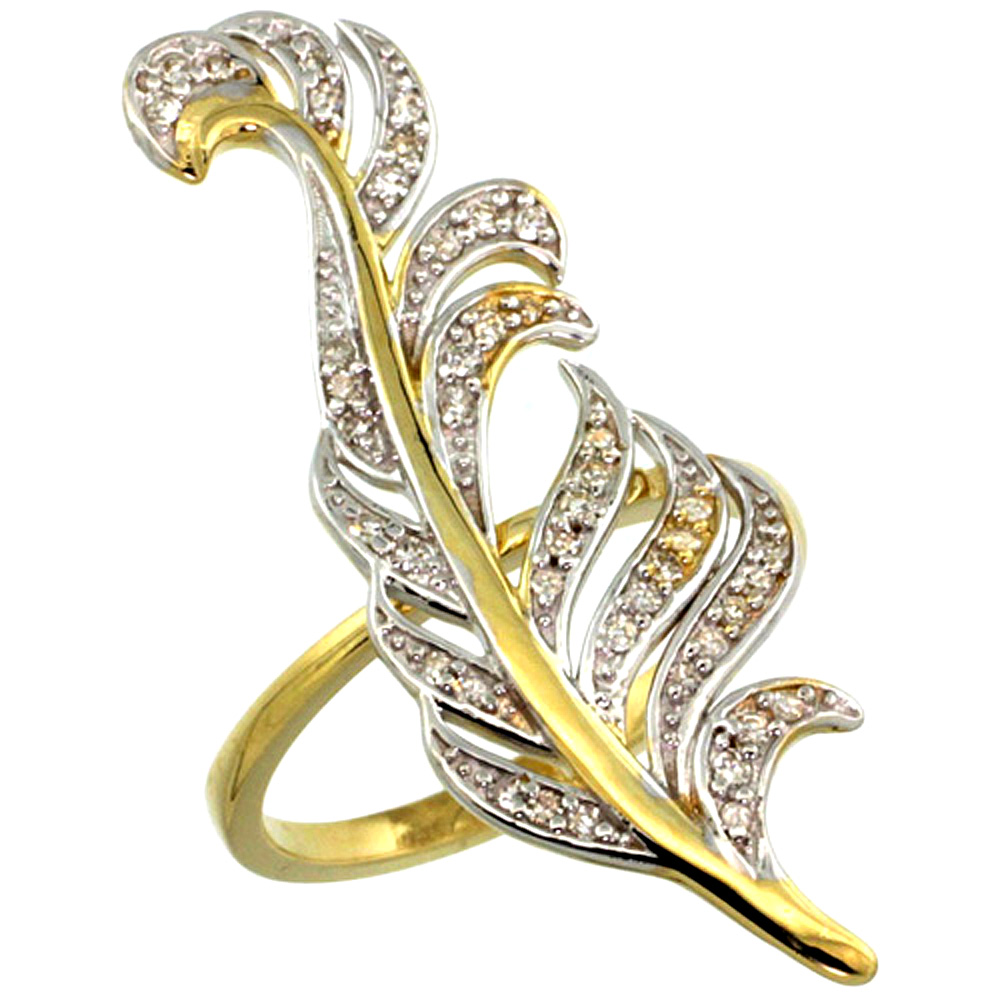 14k Yellow Gold Palm Leaf Ring with Diamond Accents 0.23 cttw, 1 3/8 inch wide
