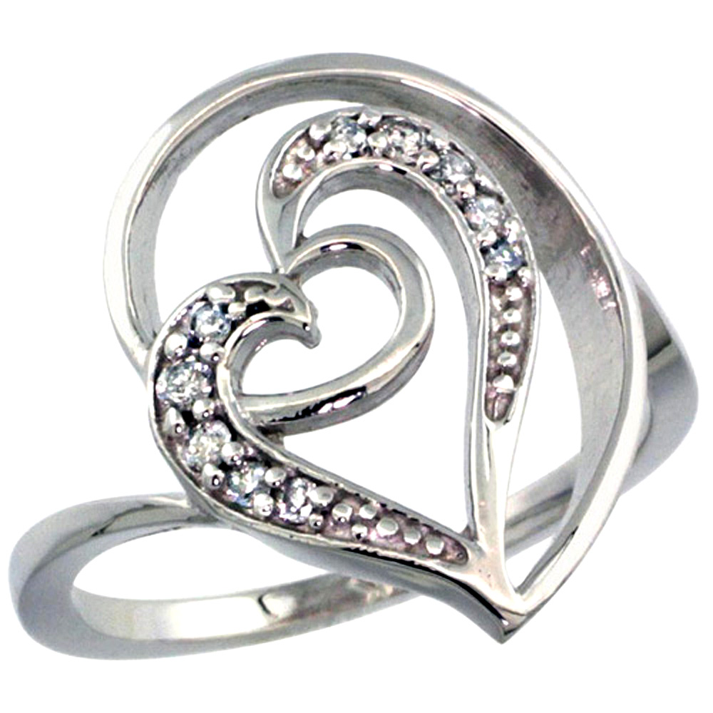 14k White Gold Floating Heart Diamond Ring 0.15 cttw, 5/8 inch wide