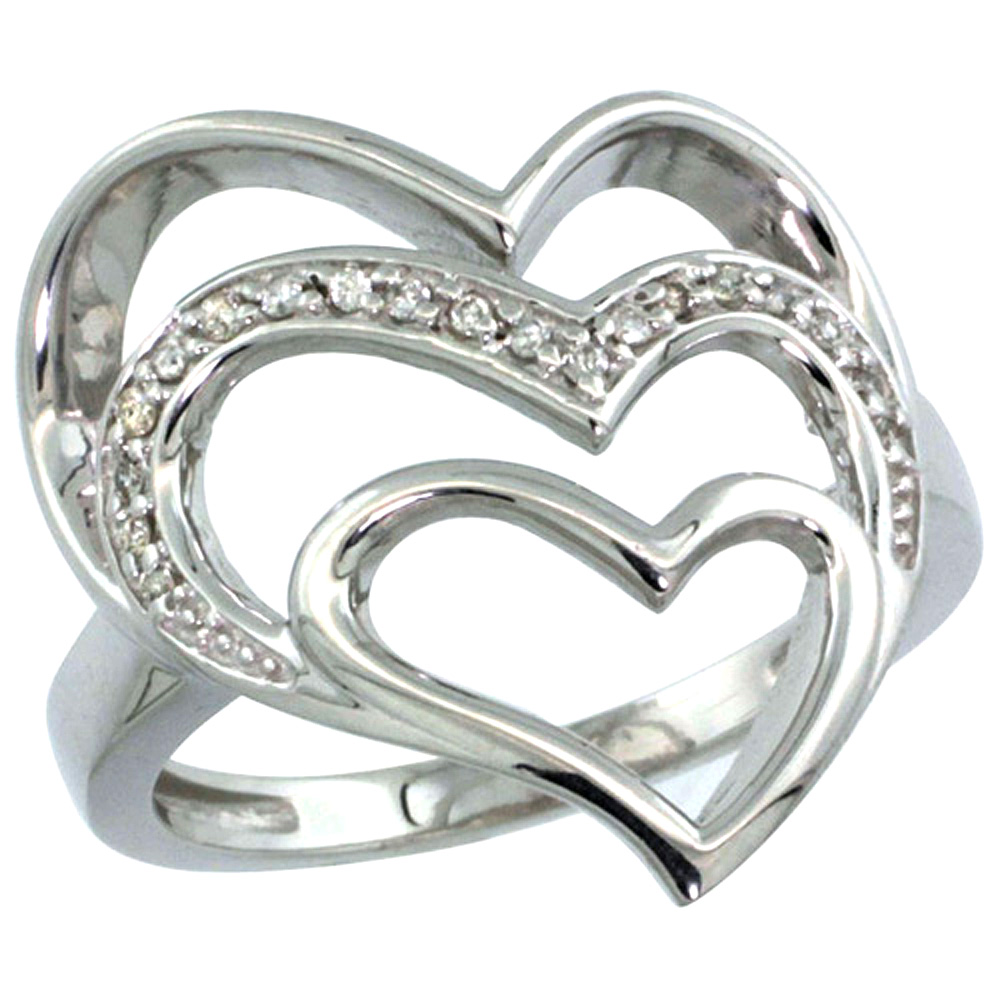 14k White Gold Triple Heart Diamond Ring 0.09 cttw, 7/8 inch wide