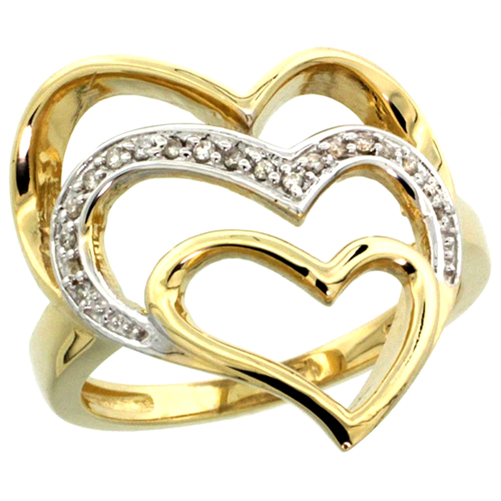 14k Yellow Gold Triple Heart Diamond Ring 0.09 cttw, 7/8 inch wide