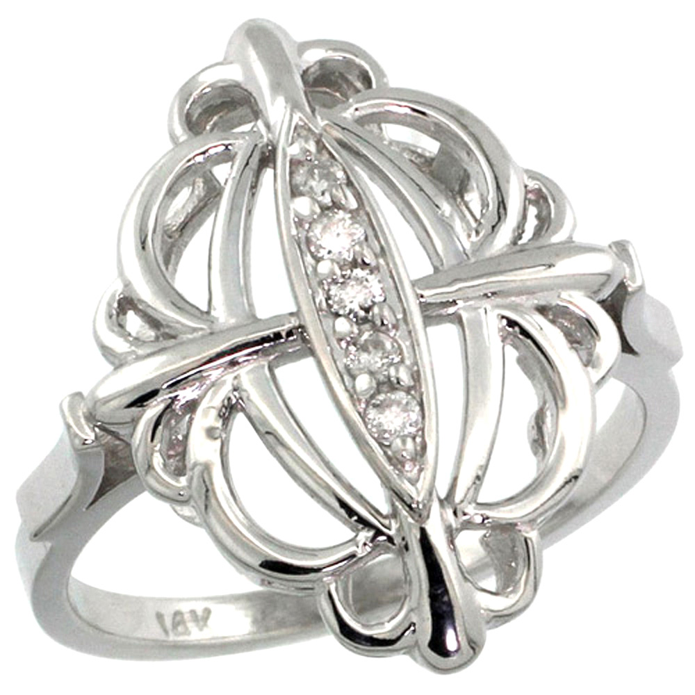 10K WHITE GOLD FLEUR DE LIS LOOP DIAMOND RING 0.10 CTTW, 13/16 INCH WIDE