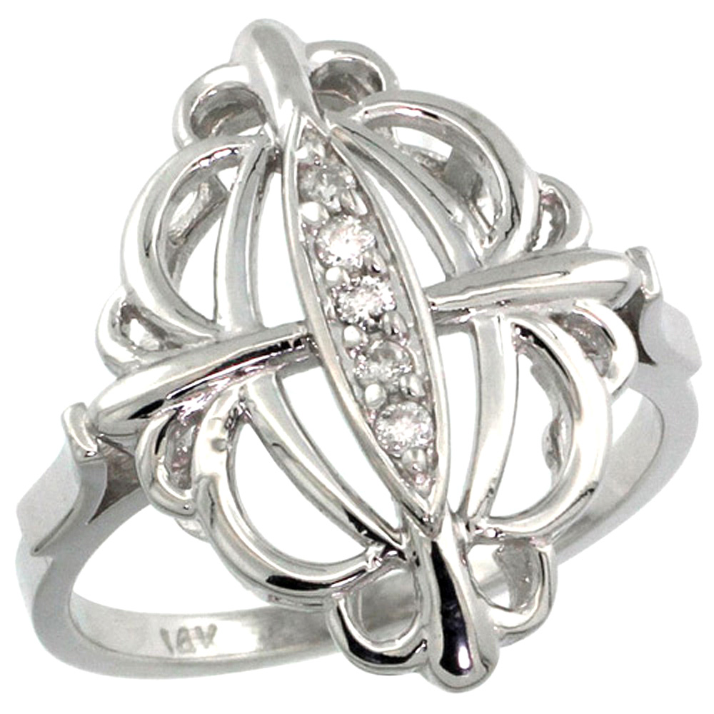 14k White Gold Fleur De Lis Loop Diamond Ring 0.10 cttw, 13/16 inch wide