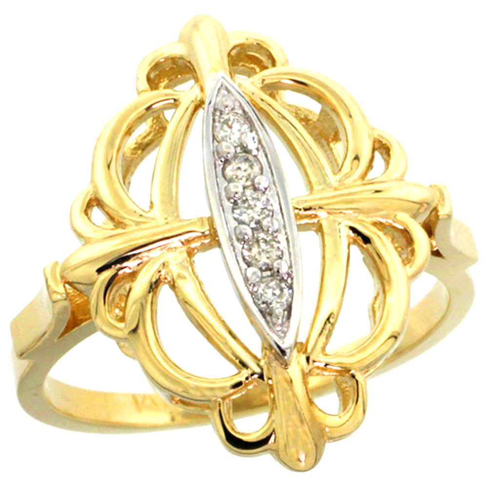 14k Yellow Gold Fleur De Lis Loop Diamond Ring 0.10 cttw, 13/16 inch wide