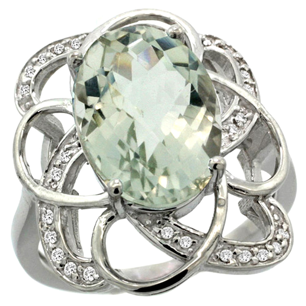 14K WHITE GOLD NATURAL GREEN AMETHYST FLORAL DESIGN RING 13X9 MM OVAL SHAPE DIAMOND ACCENT, 7/8INCH WIDE