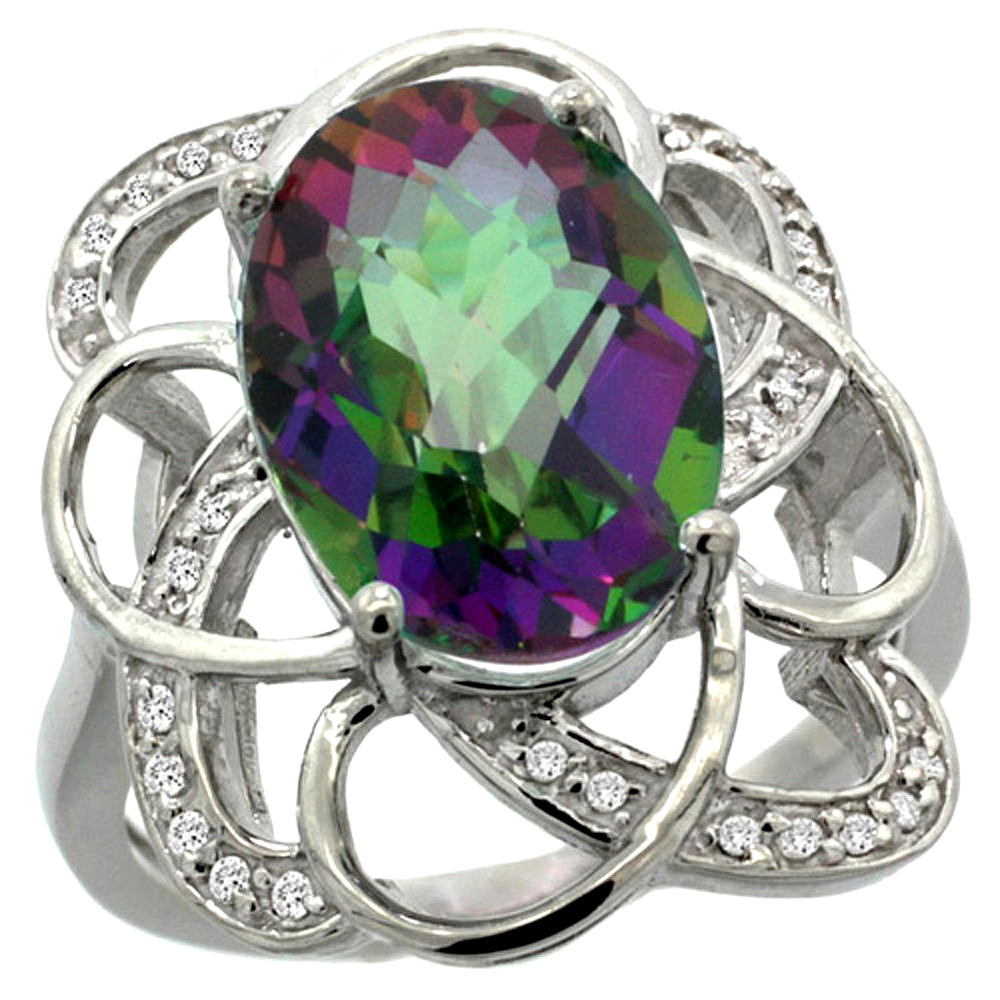 14K WHITE GOLD NATURAL MYSTIC TOPAZ FLORAL DESIGN RING 13X9 MM OVAL SHAPE DIAMOND ACCENT, 7/8INCH WIDE