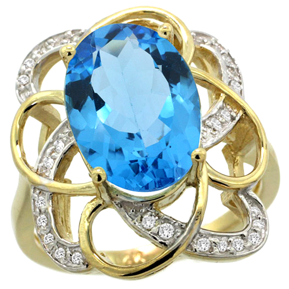 14K YELLOW GOLD NATURAL SWISS BLUE TOPAZ FLORAL DESIGN RING 13X9 MM OVAL SHAPE DIAMOND ACCENT, 7/8INCH WIDE