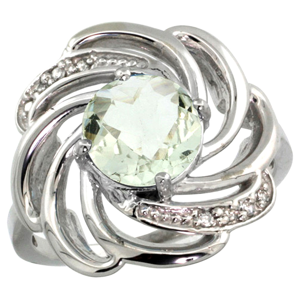 14k White Gold Stone Natural Green Amethyst Whirlpool Ring Round 8mm Diamond Accented, sizes 5 - 10