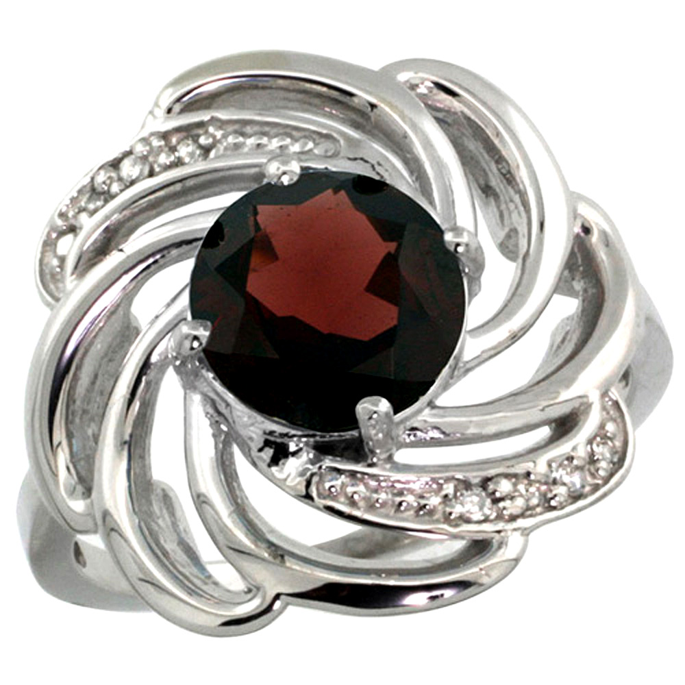 14k White Gold Stone Natural Garnet Whirlpool Ring Round 8mm Diamond Accented, sizes 5 - 10