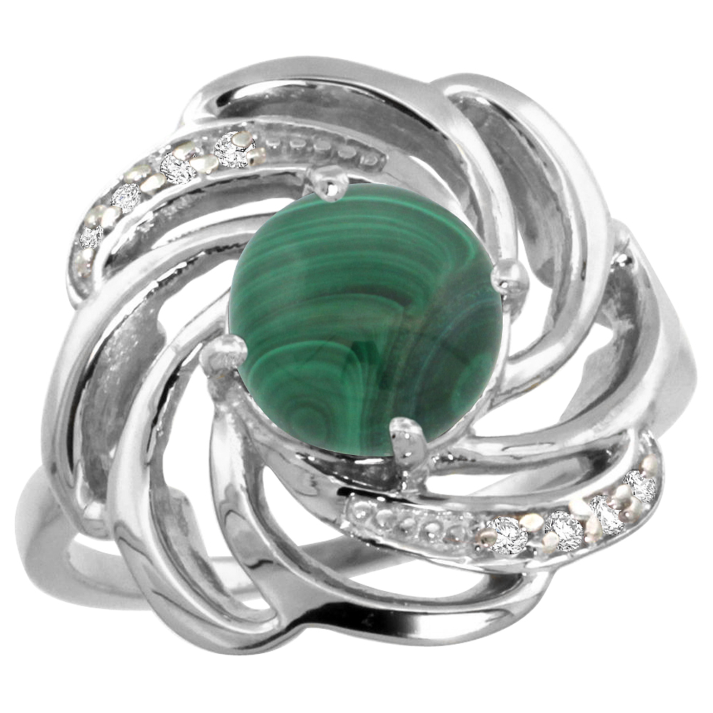 14k White Gold Stone Natural Malachite Whirlpool Ring Round 8mm Diamond Accented, sizes 5 - 10