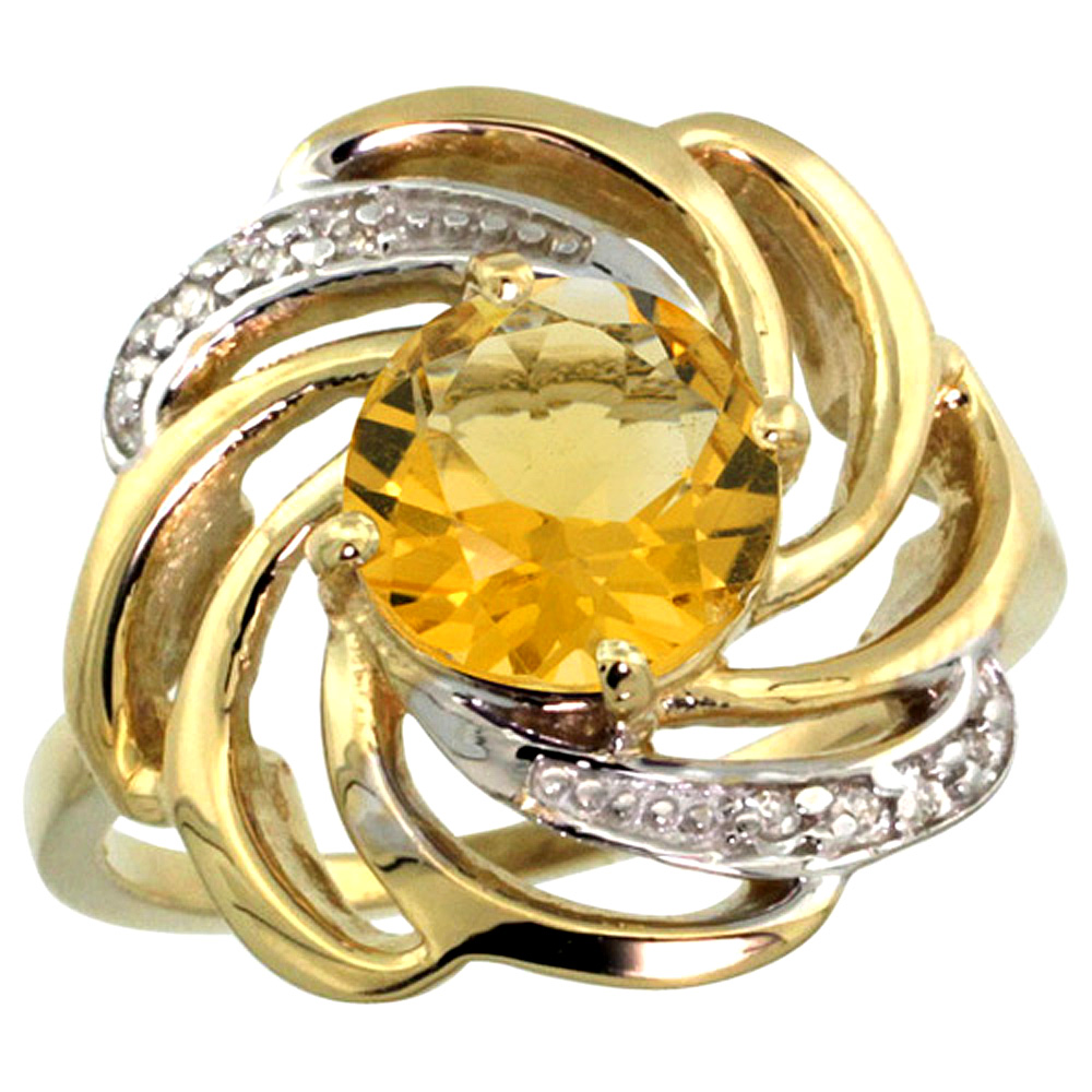 14k Yellow Gold Stone Natural Citrine Whirlpool Ring Round 8mm Diamond Accented, sizes 5 - 10