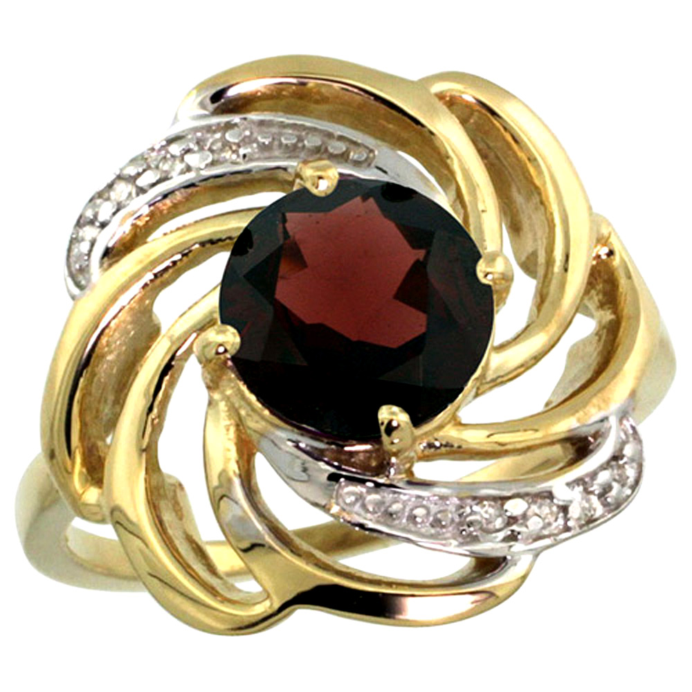 14K YELLOW GOLD STONE NATURAL GARNET WHIRLPOOL RING ROUND 8MM DIAMOND ACCENTED, SIZES 5 - 10