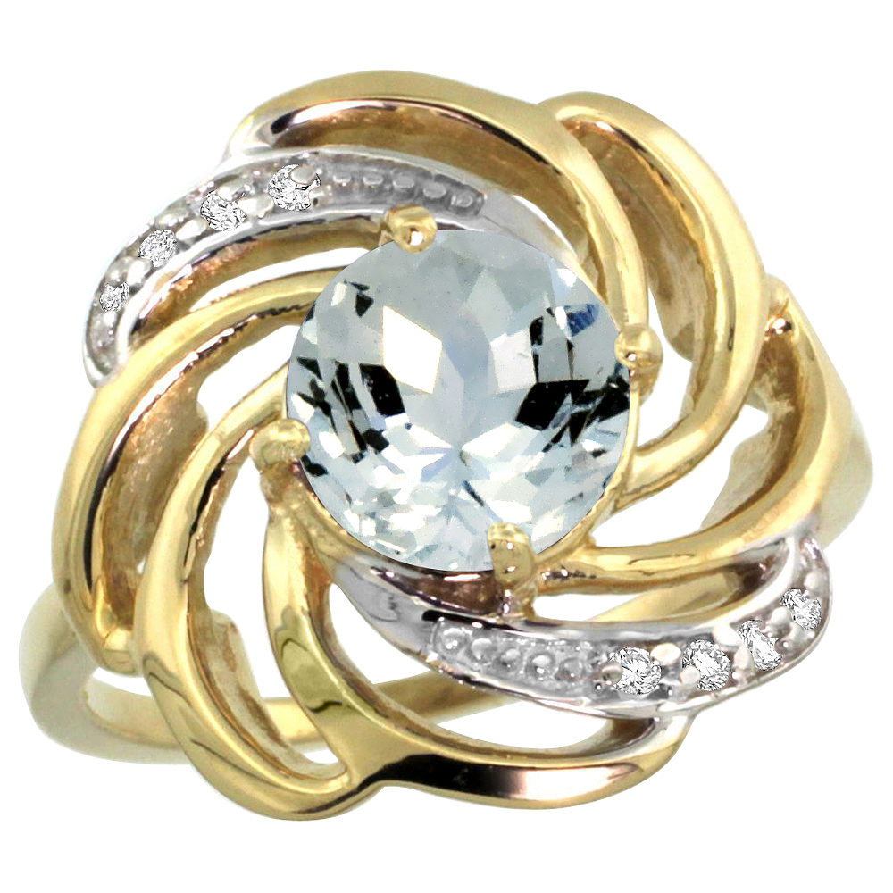 14K YELLOW GOLD STONE NATURAL AQUAMARINE WHIRLPOOL RING ROUND 8MM DIAMOND ACCENTED, SIZES 5 - 10