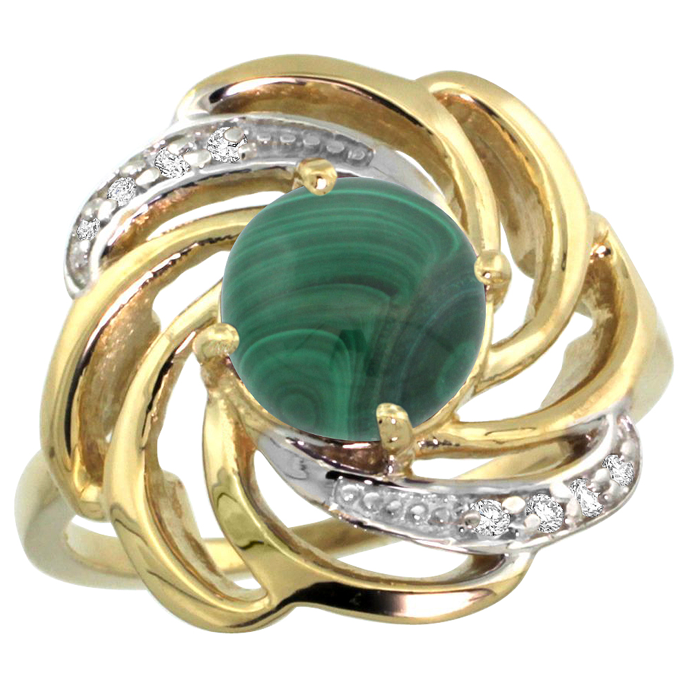 14K YELLOW GOLD STONE NATURAL MALACHITE WHIRLPOOL RING ROUND 8MM DIAMOND ACCENTED, SIZES 5 - 10