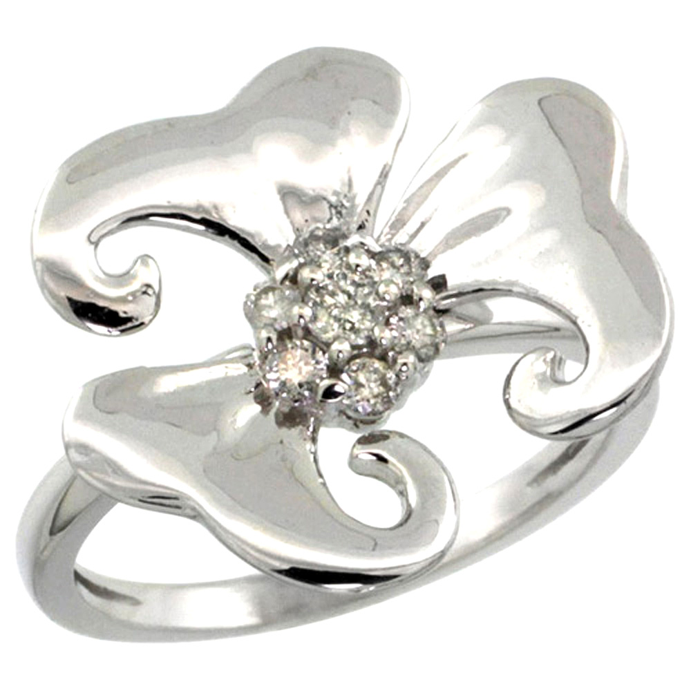 14K YELLOW GOLD DIAMOND CLUSTER 3-PETAL FLOWER RING 0.24 CT BRILLIANT CUT 9/16 INCH WIDE, SIZE 5-10