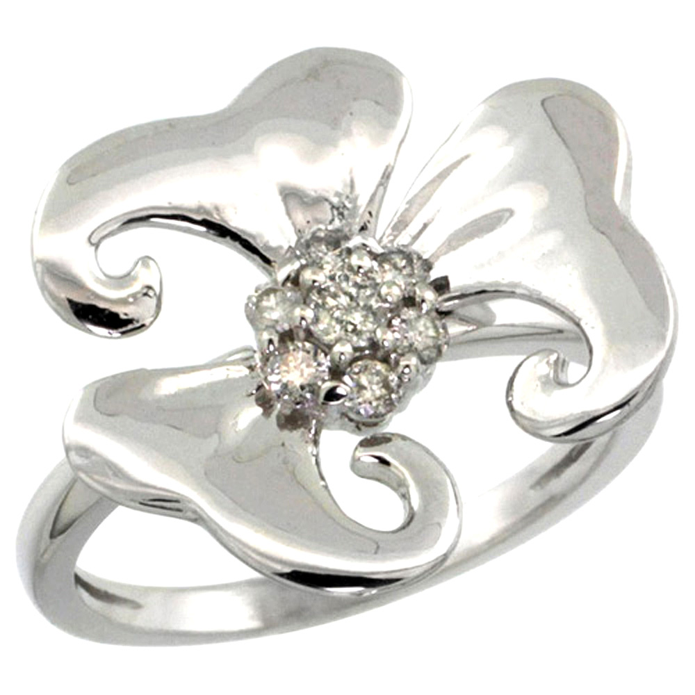 14k White Gold Diamond Cluster 3-Petal Flower Ring 0.24 ct Brilliant cut 9/16 inch wide, size 5-10