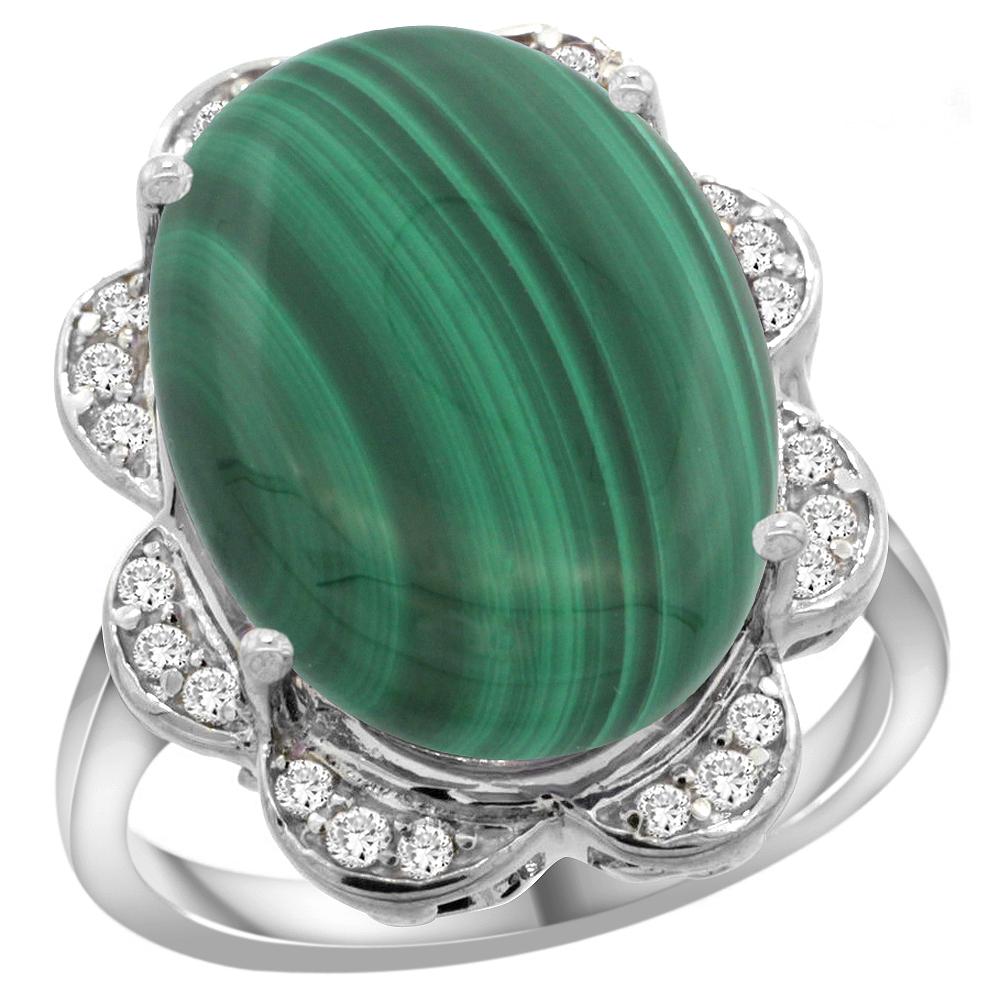 14K WHITE GOLD NATURAL MALACHITE RING OVAL 18X13MM DIAMOND FLORAL HALO, 3/4INCH WIDE, SIZES 5 - 10