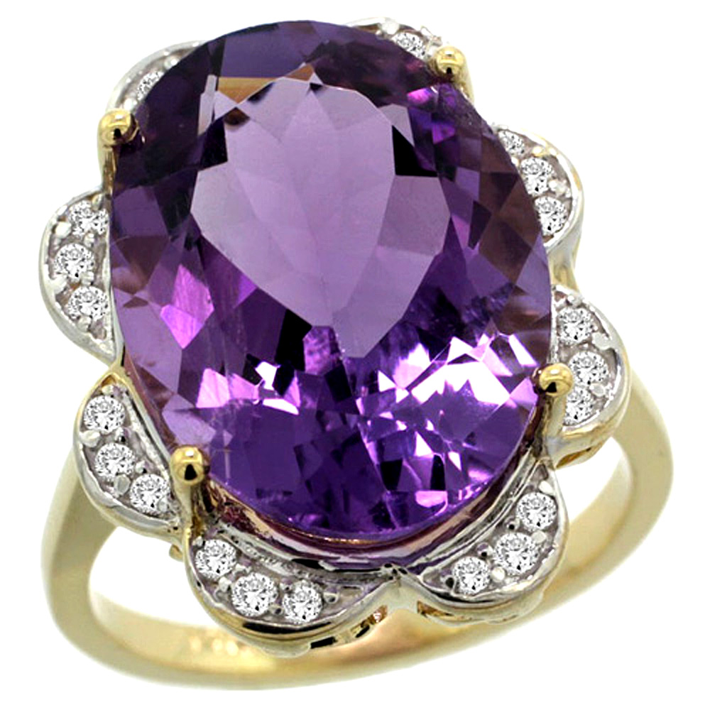 14K YELLOW GOLD NATURAL AMETHYST RING OVAL 18X13MM DIAMOND FLORAL HALO, 3/4INCH WIDE, SIZES 5 - 10