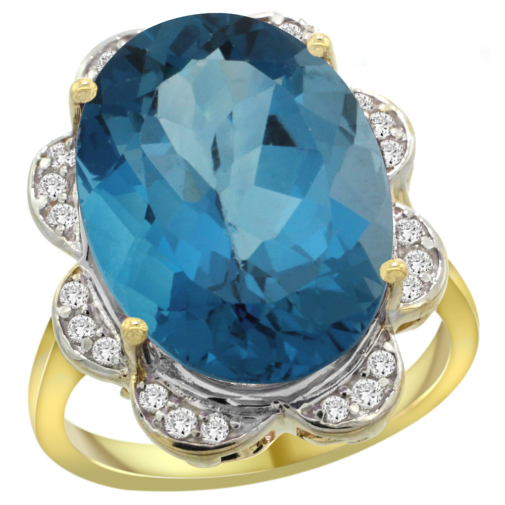 14K YELLOW GOLD NATURAL LONDON BLUE TOPAZ RING OVAL 18X13MM DIAMOND FLORAL HALO, 3/4INCH WIDE, SIZES 5 - 10
