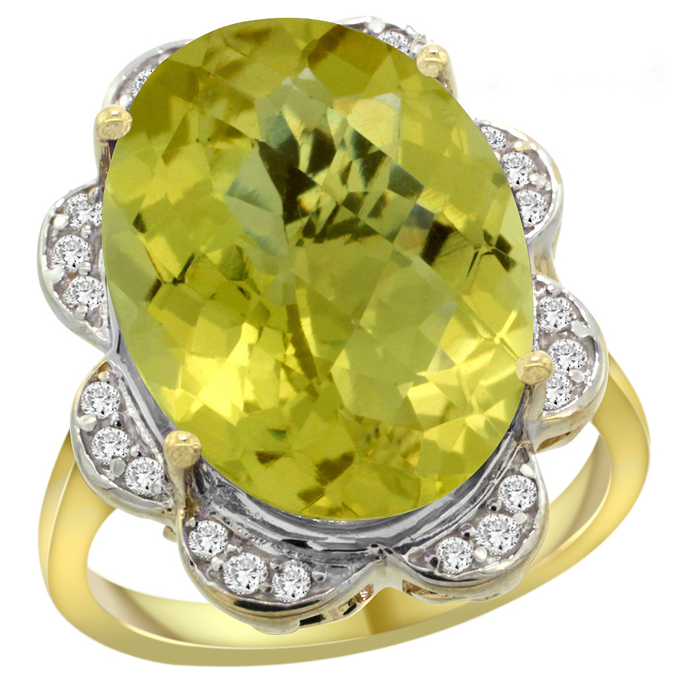 14K YELLOW GOLD NATURAL LEMON QUARTZ RING OVAL 18X13MM DIAMOND FLORAL HALO, 3/4INCH WIDE, SIZES 5 - 10