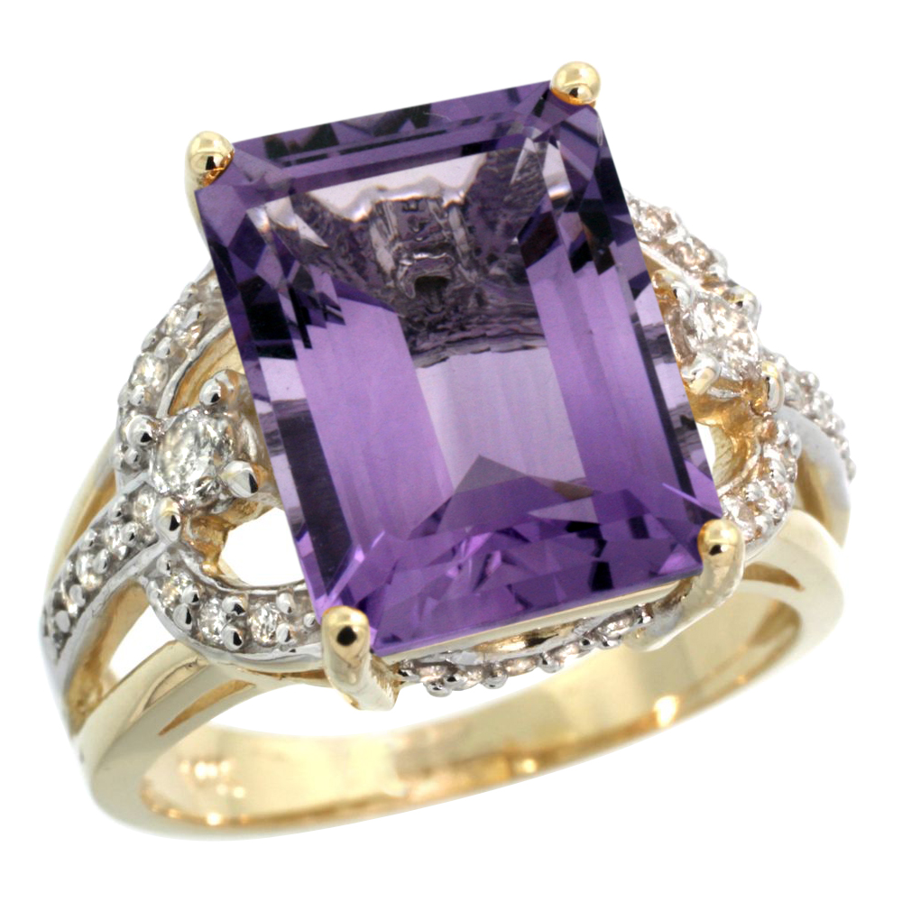 14k Yellow Gold 0.5ct Diamond Genuine Amethyst Engagement Ring 14x10mm Emerald cut, size 5-10