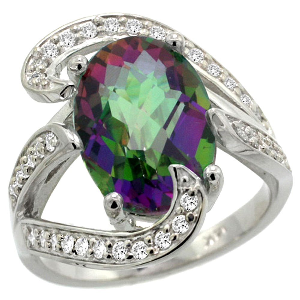 14K WHITE GOLD NATURAL MYSTIC TOPAZ RING OVAL 14X10MM DIAMOND ACCENT, 3/4 INCH WIDE, SIZES 5 - 10