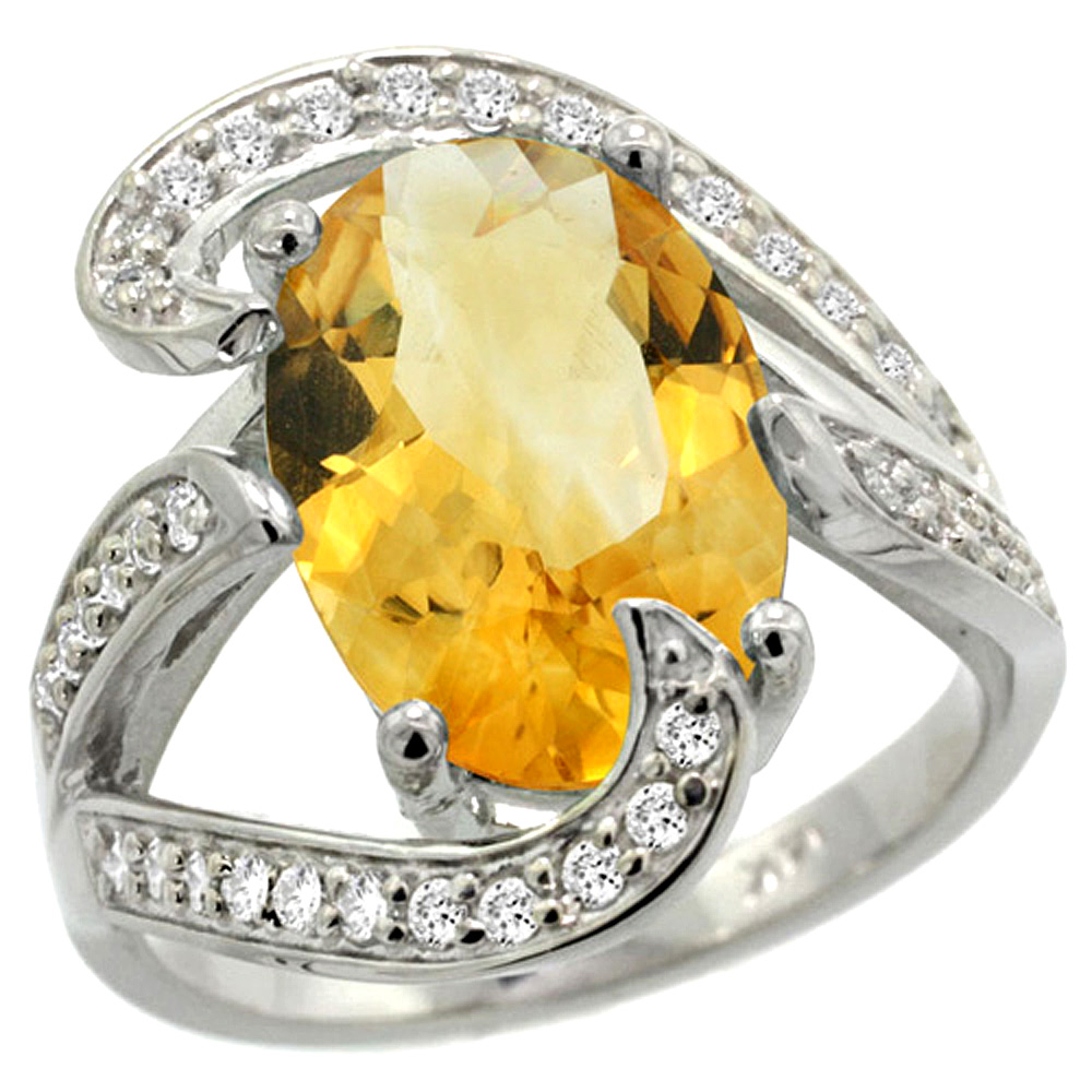 14K WHITE GOLD NATURAL CITRINE RING OVAL 14X10MM DIAMOND ACCENT, 3/4 INCH WIDE, SIZES 5 - 10
