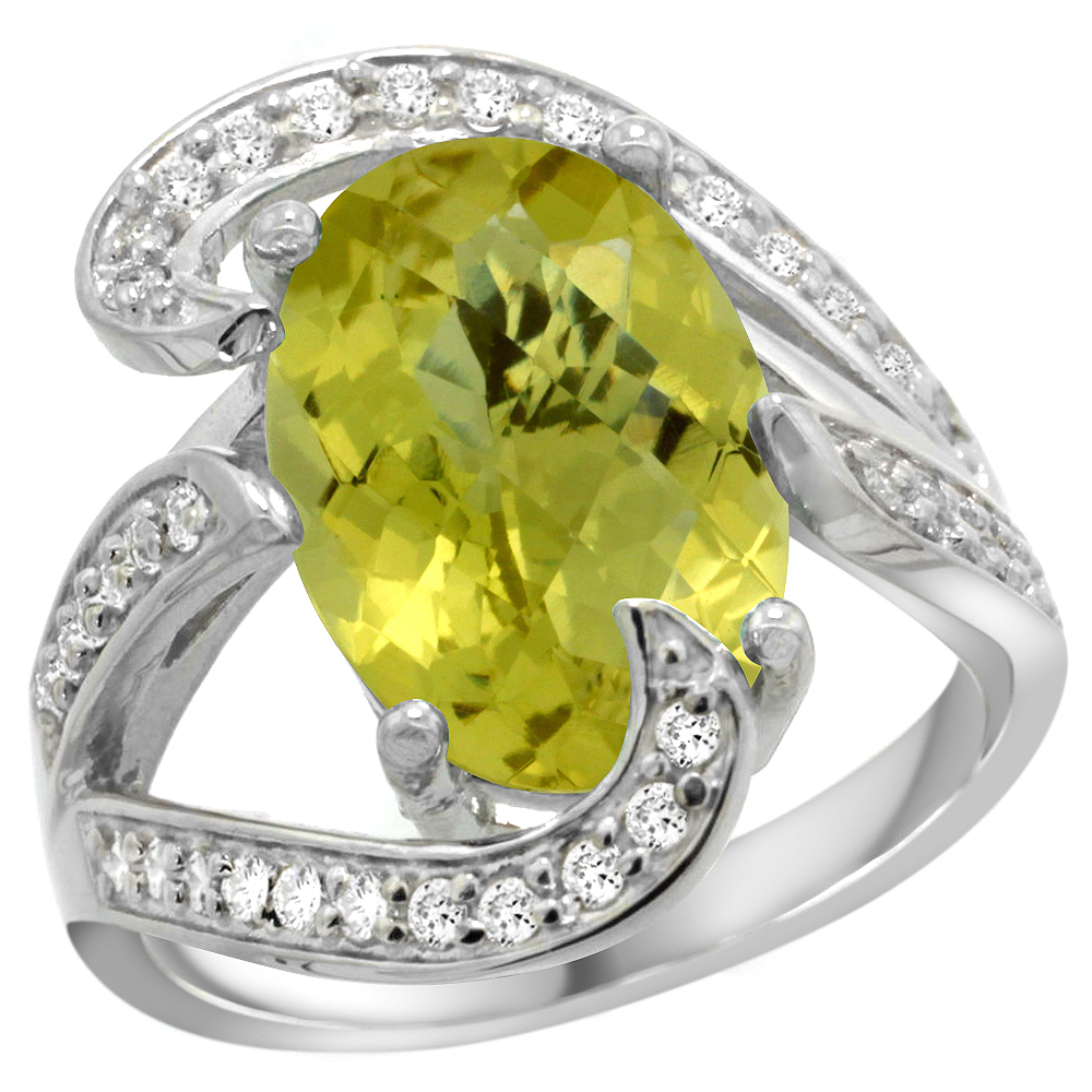 14K WHITE GOLD NATURAL LEMON QUARTZ RING OVAL 14X10MM DIAMOND ACCENT, 3/4 INCH WIDE, SIZES 5 - 10
