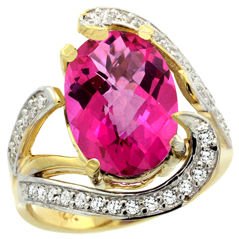 14K YELLOW GOLD NATURAL PINK TOPAZ RING OVAL 14X10MM DIAMOND ACCENT, 3/4 INCH WIDE, SIZES 5 - 10