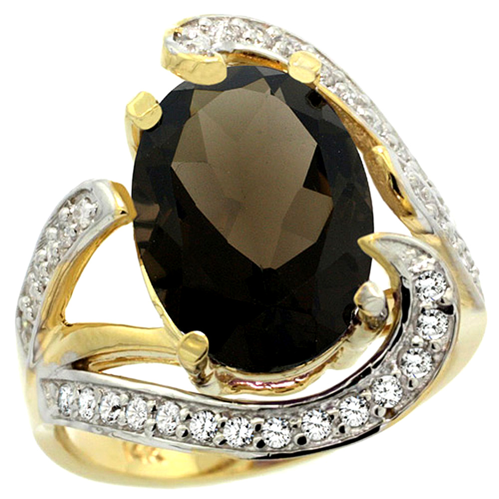 14K YELLOW GOLD NATURAL SMOKY TOPAZ RING OVAL 14X10MM DIAMOND ACCENT, 3/4 INCH WIDE, SIZES 5 - 10