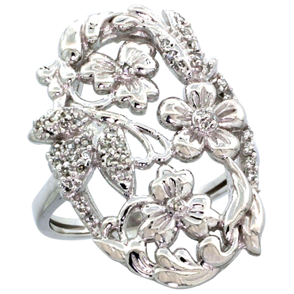 14k White Gold Diamond Flower Vine Ring 0.31 ct Brilliant Cut 1 inch wide, size 5-10