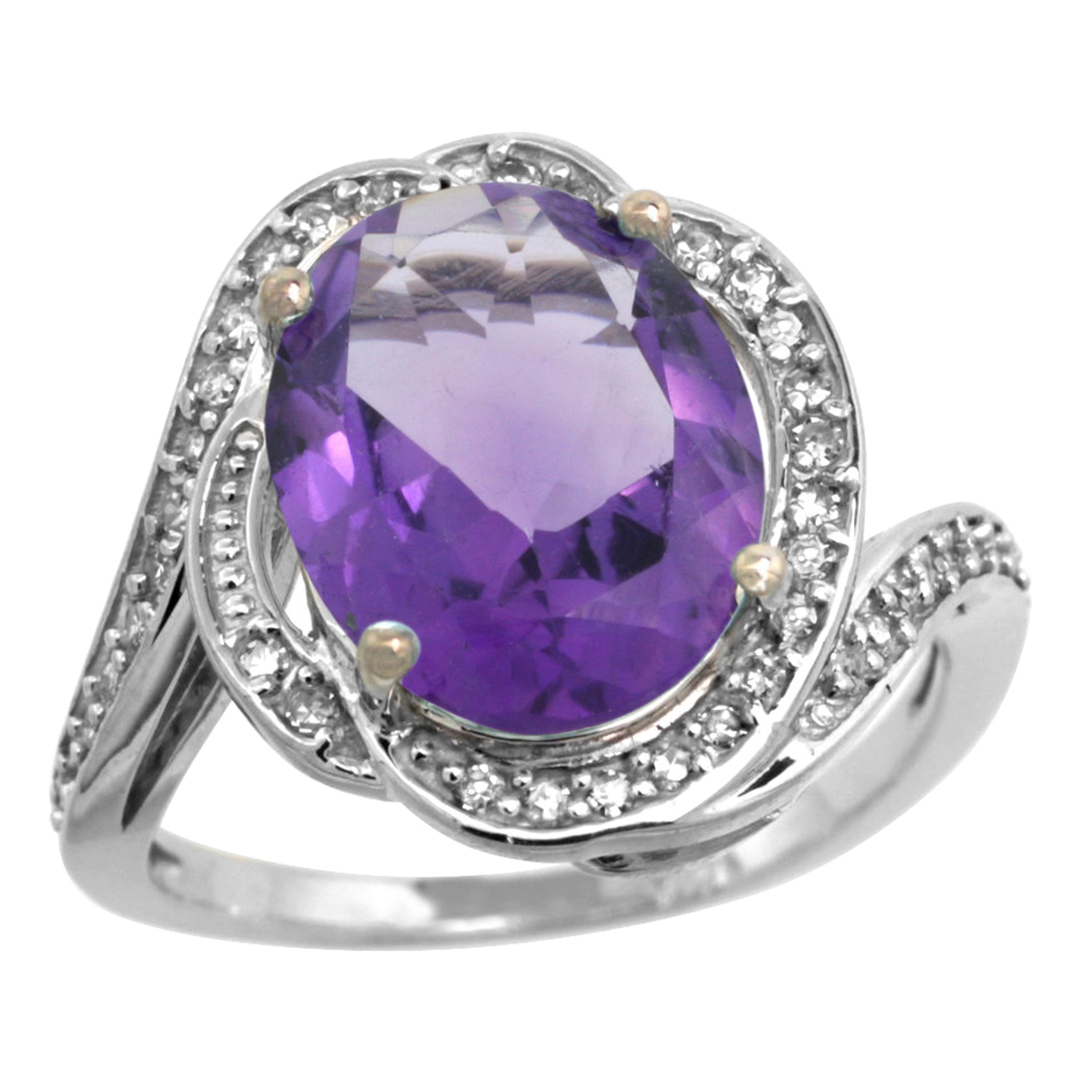 14k White Gold Diamond 0.3ct Genuine Amethyst Bypass Ring 12x10mm Oval 11/16 inch wide, size 5-10