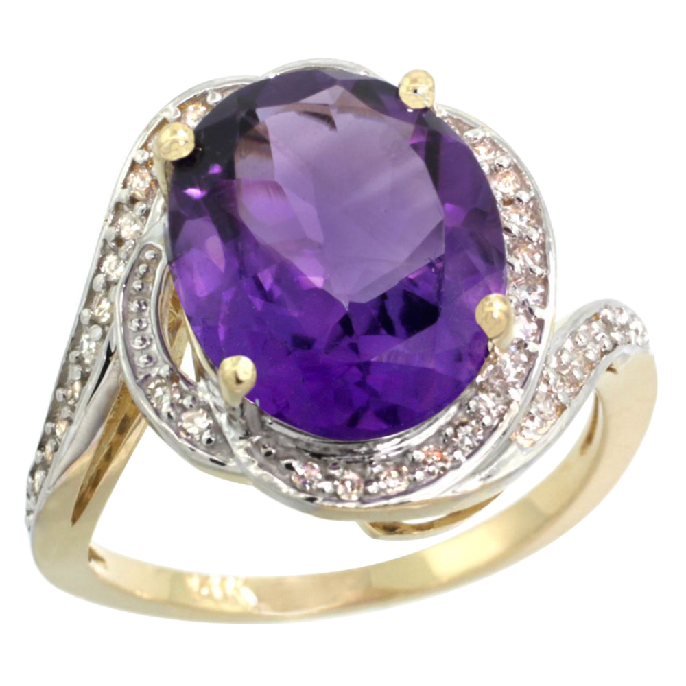 14k Yellow Gold Diamond 0.3ct Genuine Amethyst Bypass Ring 12x10mm Oval 11/16 inch wide, size 5-10