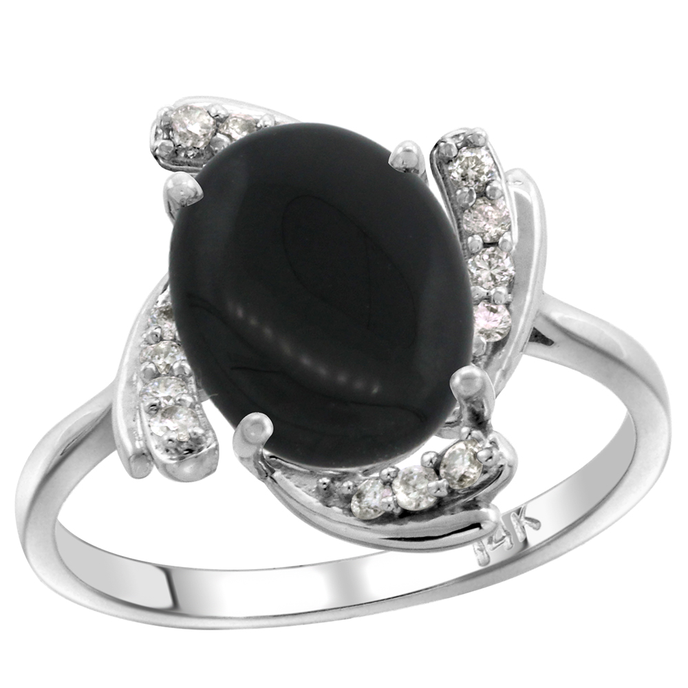 14k White Gold Diamond Genuine Black Onyx Engagement Ring Swirl Cabochon Oval 10x8mm 0.15cttw, size 5