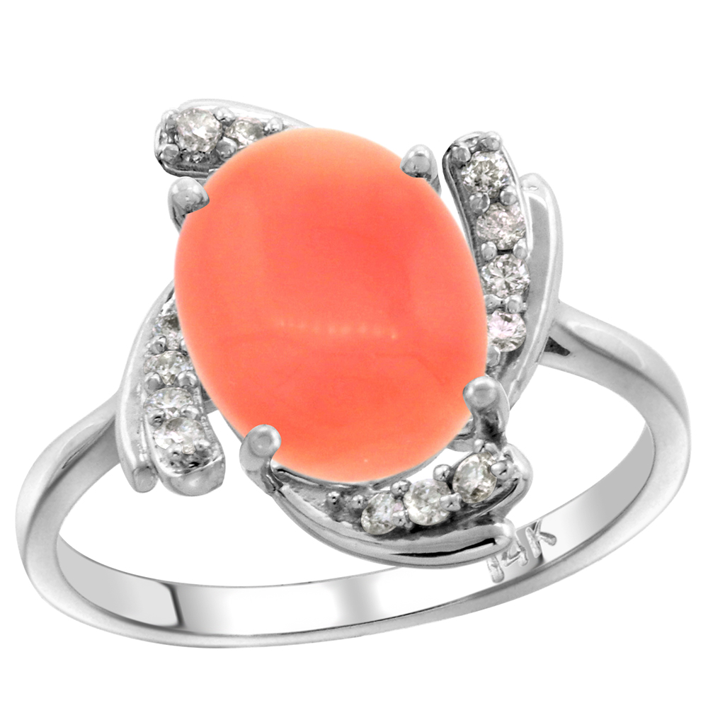 14K WHITE GOLD DIAMOND GENUINE CORAL ENGAGEMENT RING SWIRL CABOCHON OVAL 10X8MM, SIZE 5-10