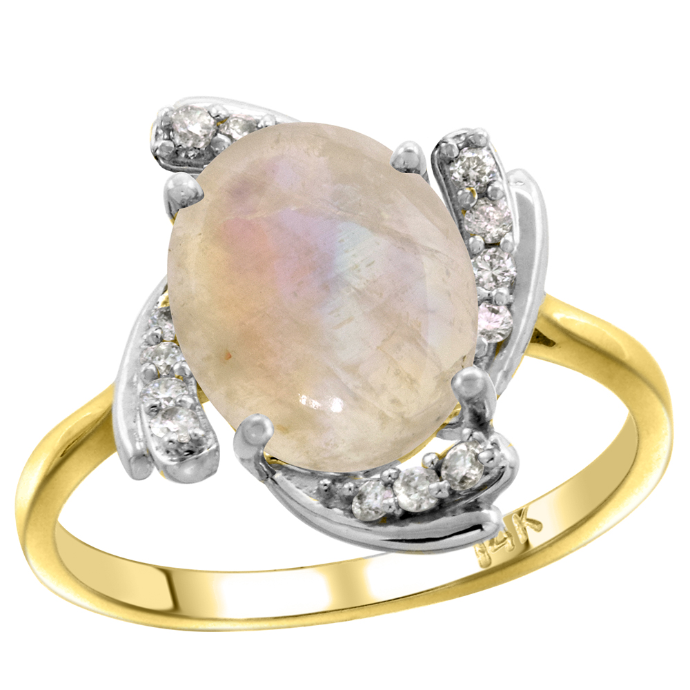 14k Yellow Gold Diamond Genuine Orange Moonstone Engagement Ring Swirl Cabochon Oval 10x8mm, size 5-10