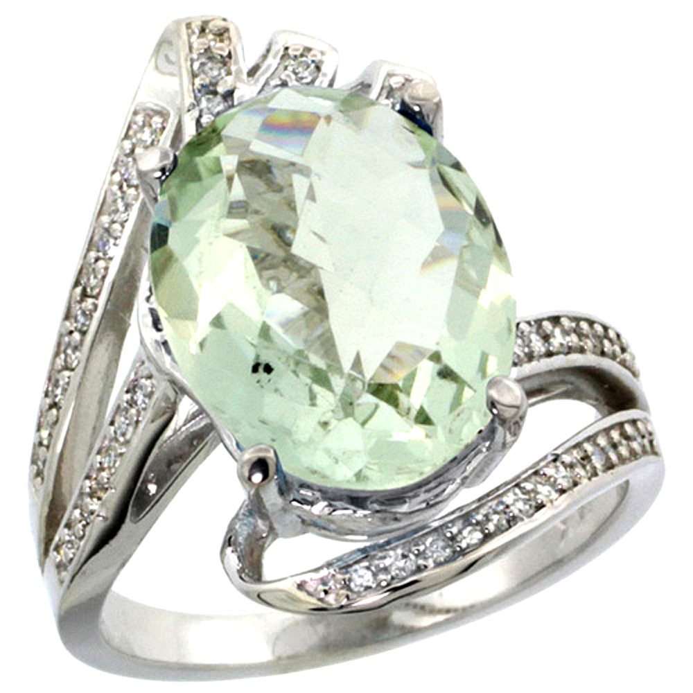 14k White Gold Stone Natural Green Amethyst Bypass Ring Diamond Accents Oval 14x10mm, sizes 5 - 10