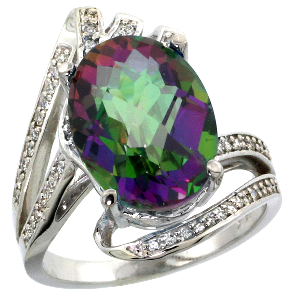 14k White Gold Stone Natural Mystic Topaz Bypass Ring Diamond Accents Oval 14x10mm, sizes 5 - 10