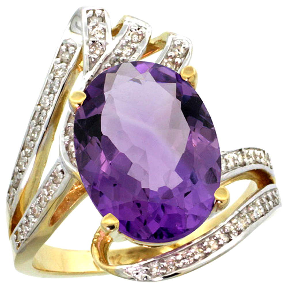 14k Yellow Gold Stone Natural Amethyst Bypass Ring Diamond Accents Oval 14x10mm, sizes 5 - 10