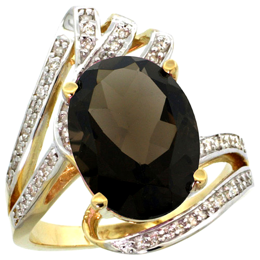 14k Yellow Gold Stone Natural Smoky Topaz Bypass Ring Diamond Accents Oval 14x10mm, sizes 5 - 10